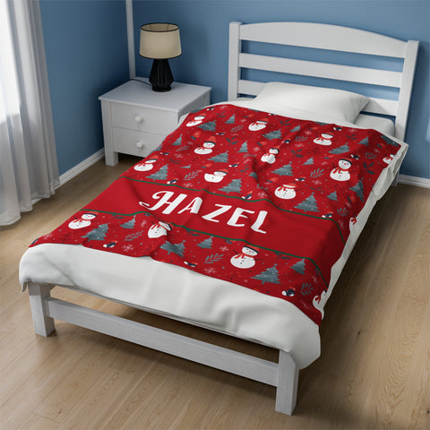 Personalized Christmas Blanket - Happy Snowmen (red)