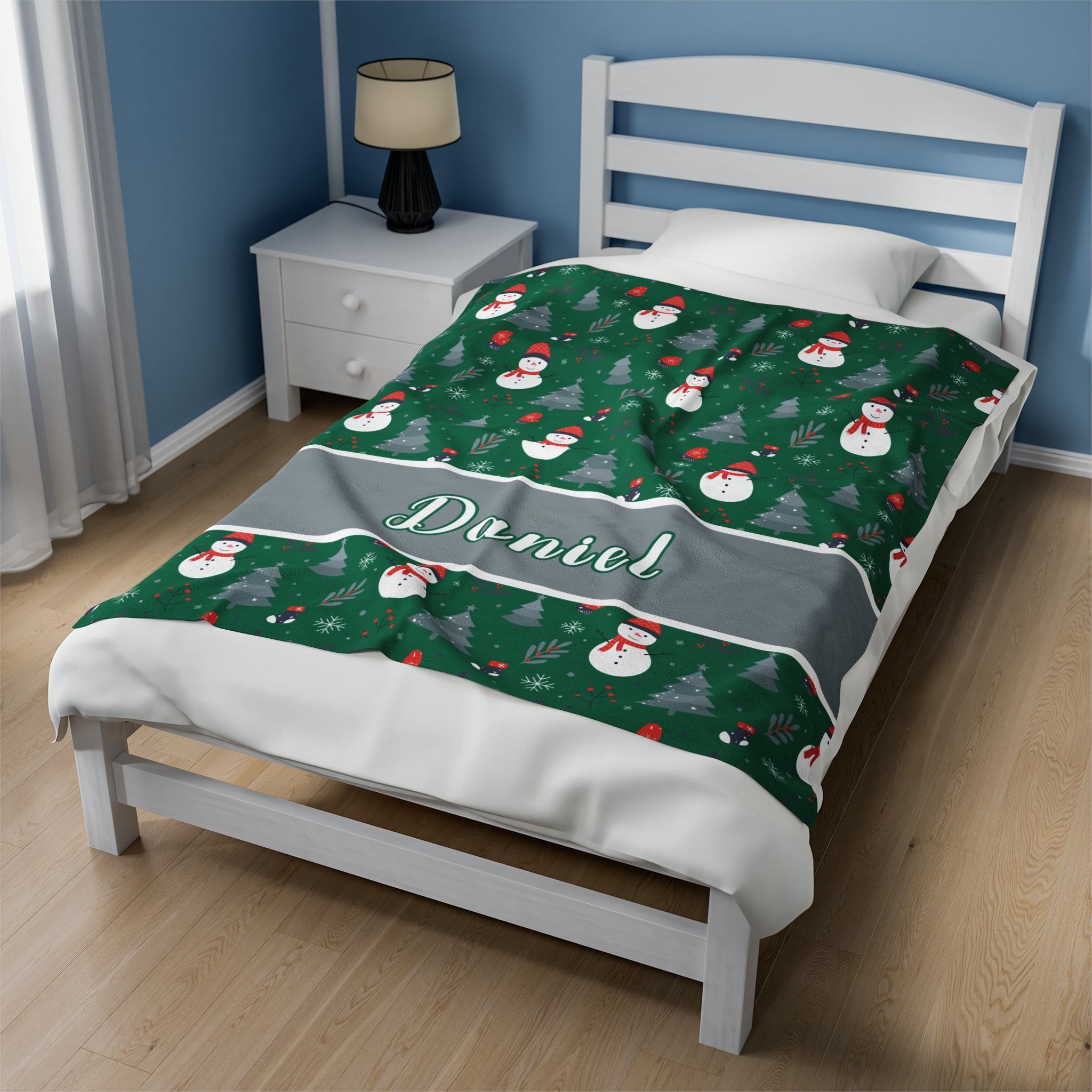 Personalized Christmas Blanket - Happy Snowmen (green)