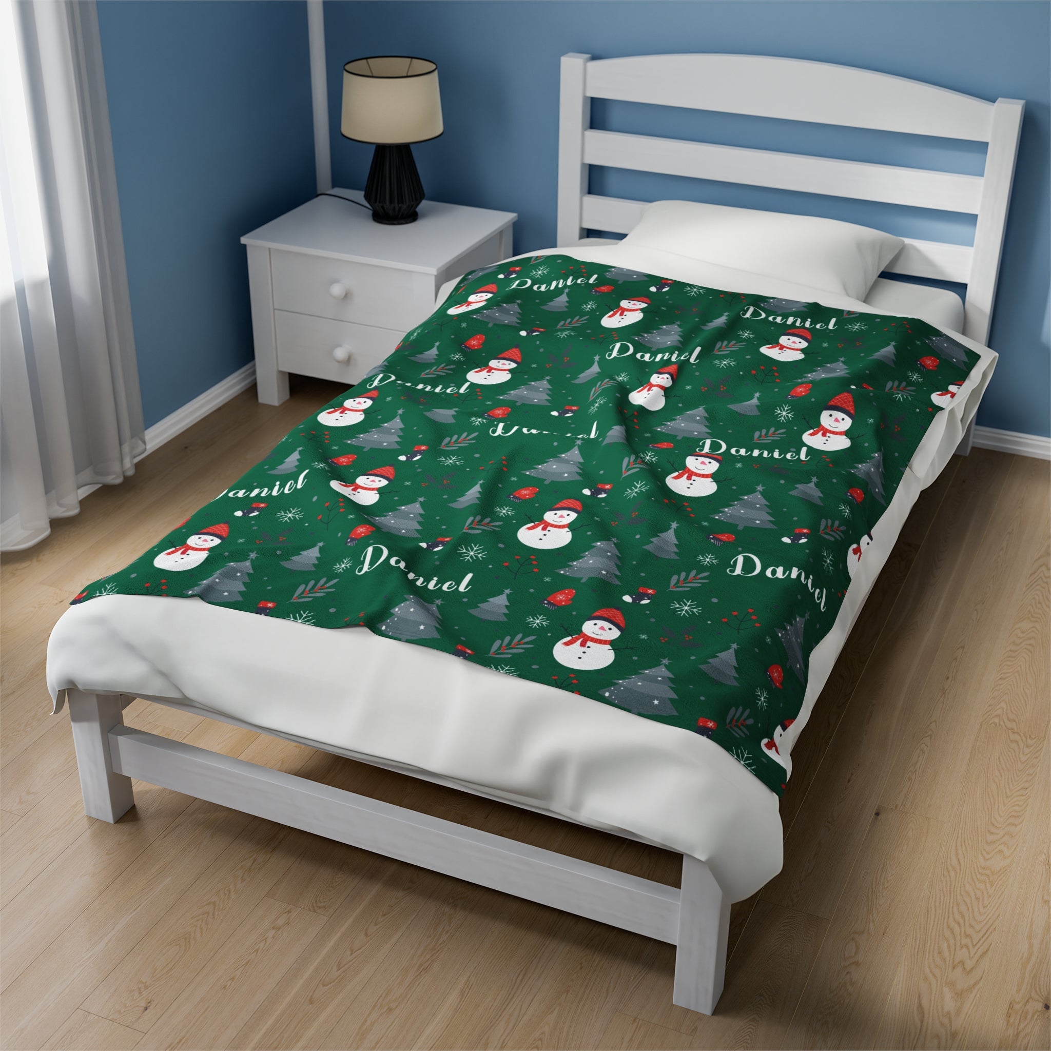 Personalized Christmas Blanket - Happy Snowmen (green)