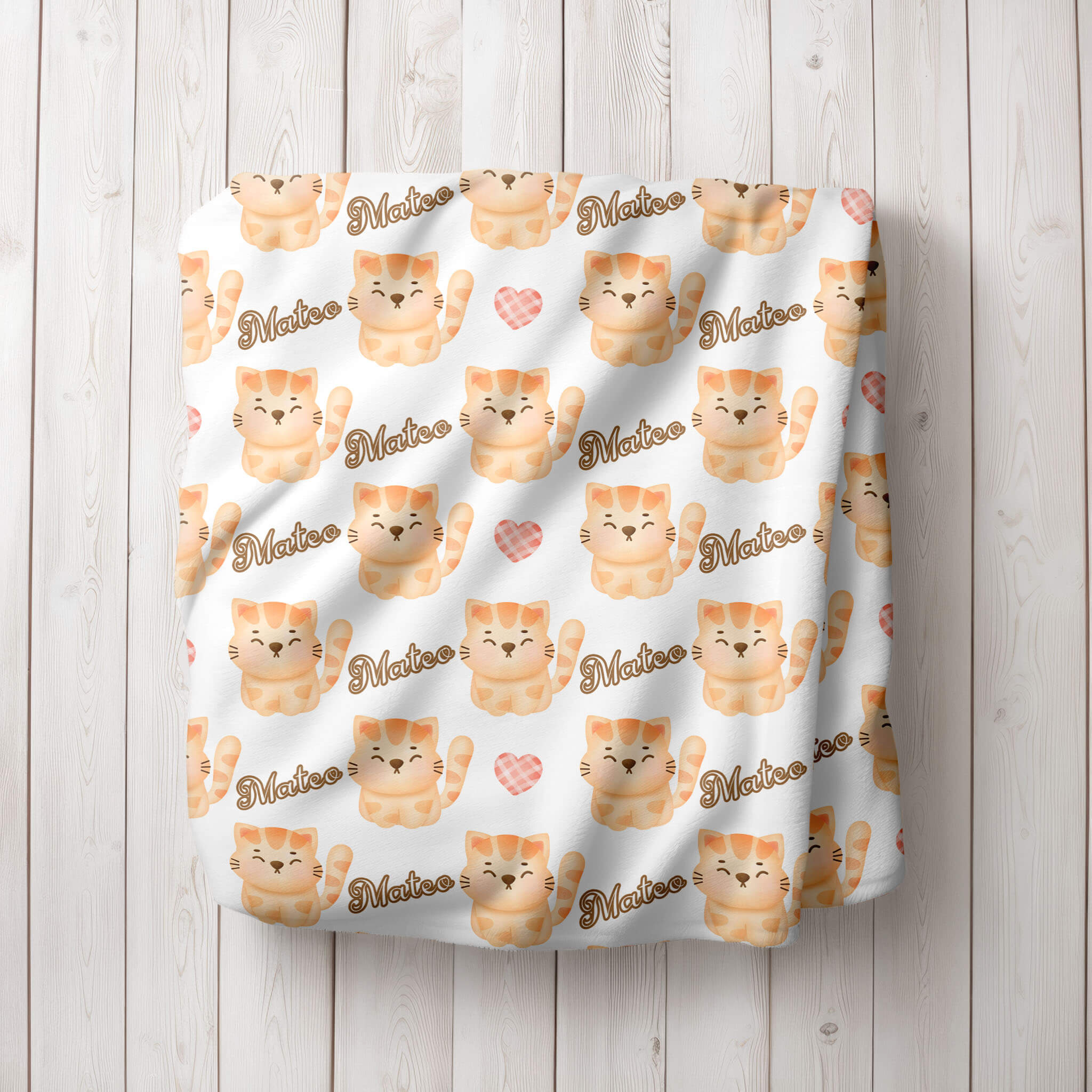 Personalized Name Blanket - Ginger Kitten and Hearts