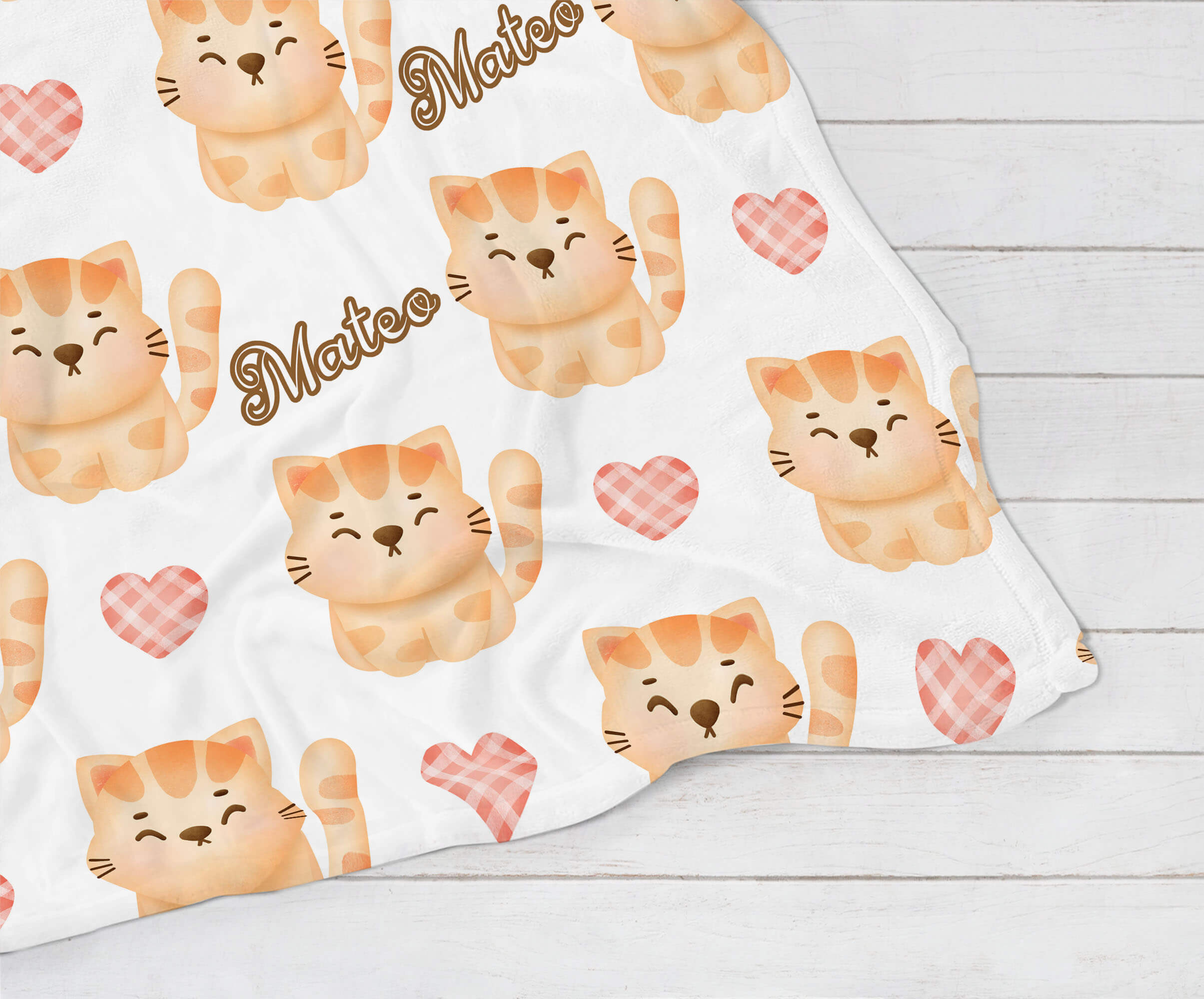 Personalized Name Blanket - Ginger Kitten and Hearts