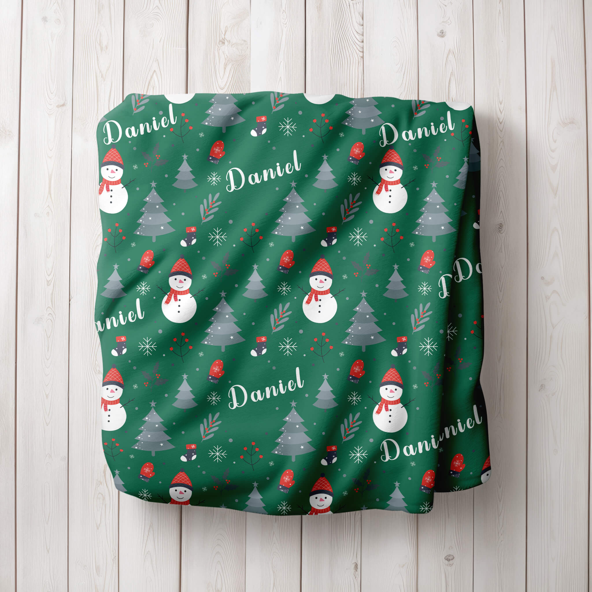 Personalized Christmas Blanket - Happy Snowmen (green)