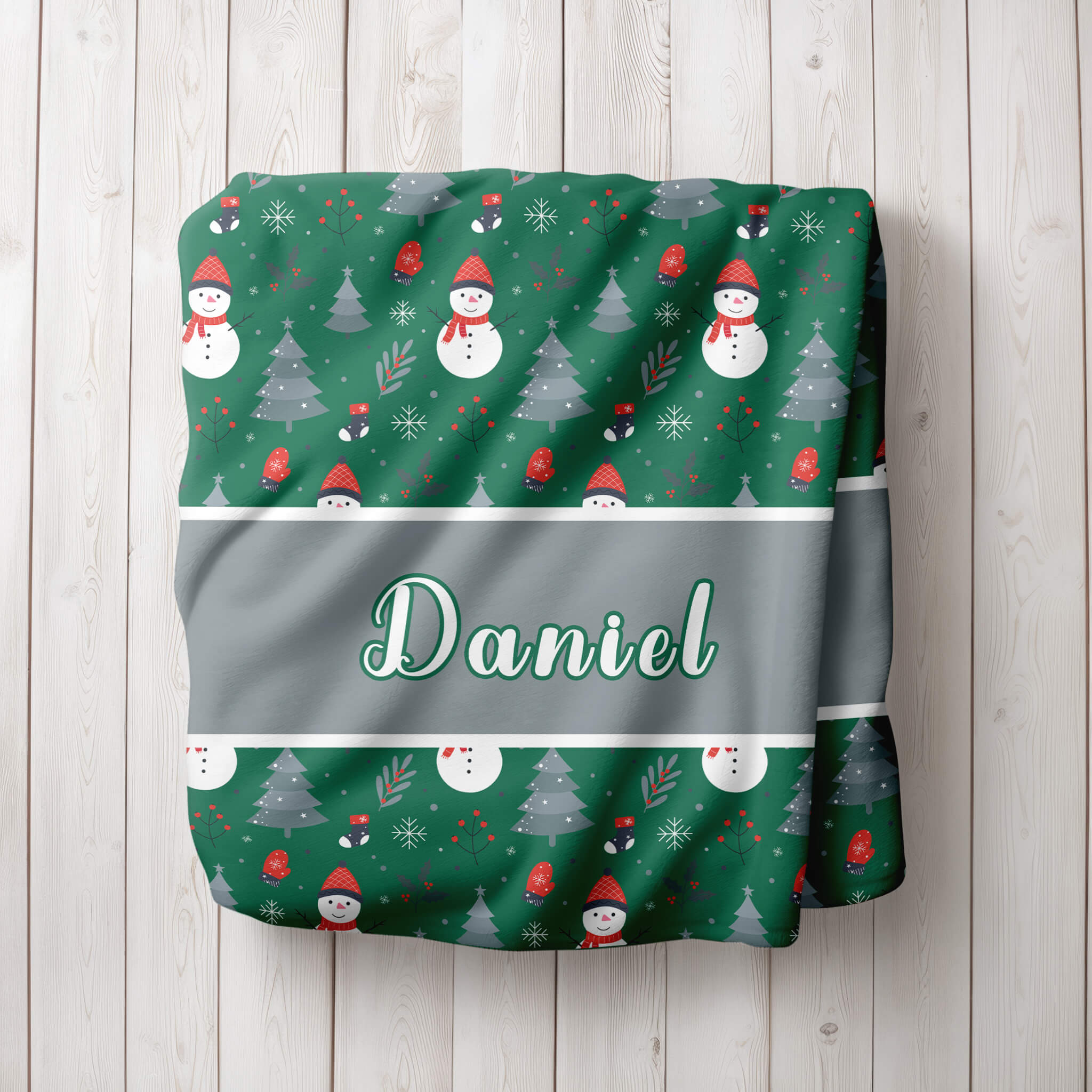 Personalized Christmas Blanket - Happy Snowmen (green)