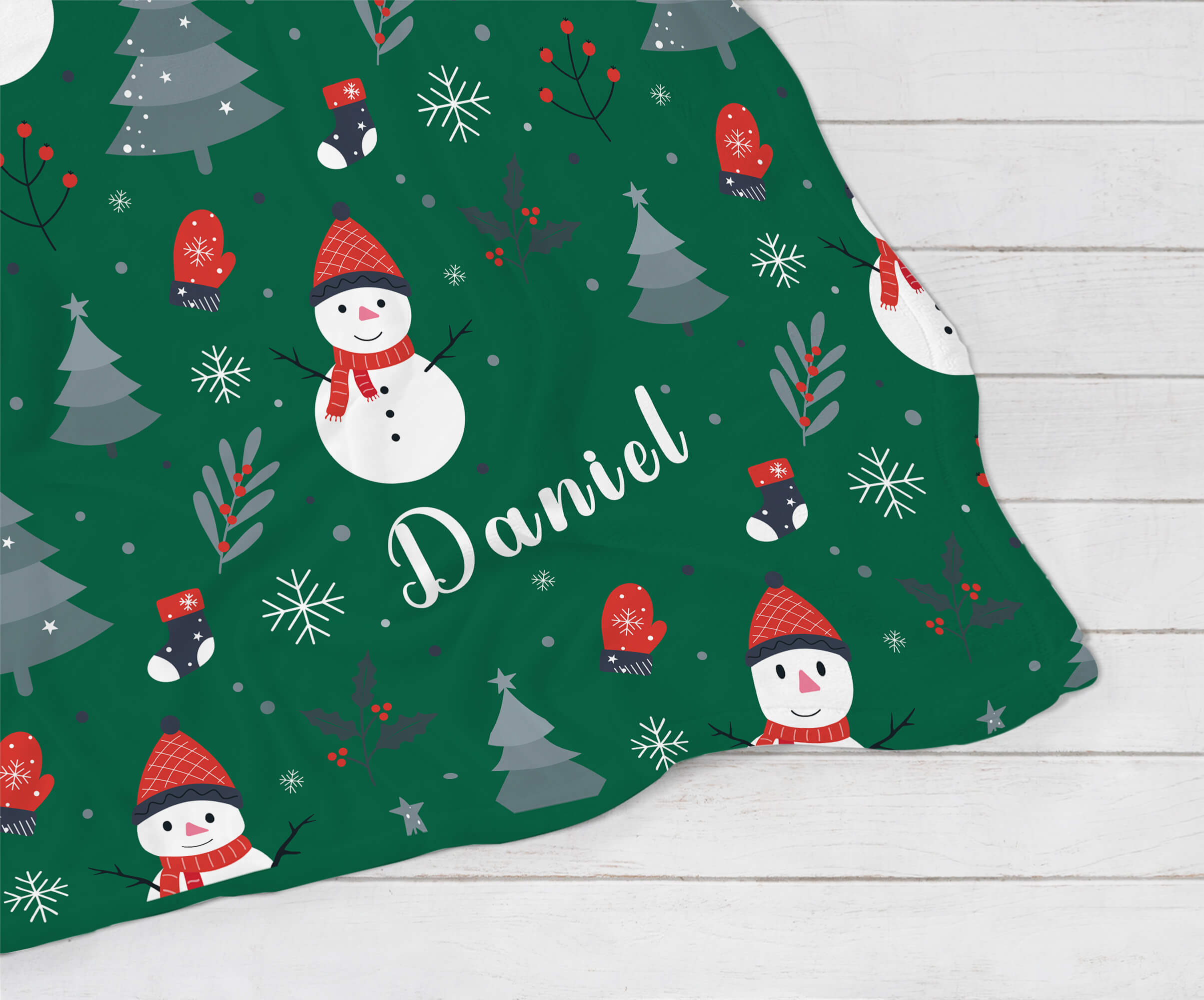 Personalized Christmas Blanket - Happy Snowmen (green)