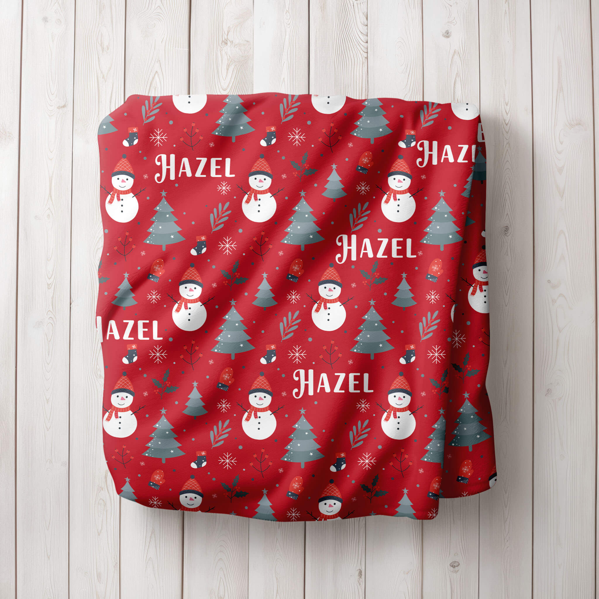 Personalized Christmas Blanket - Happy Snowmen (red)