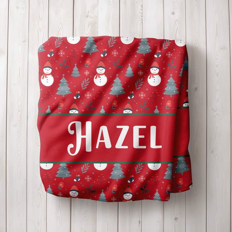 Personalized Christmas Blanket - Happy Snowmen (red)