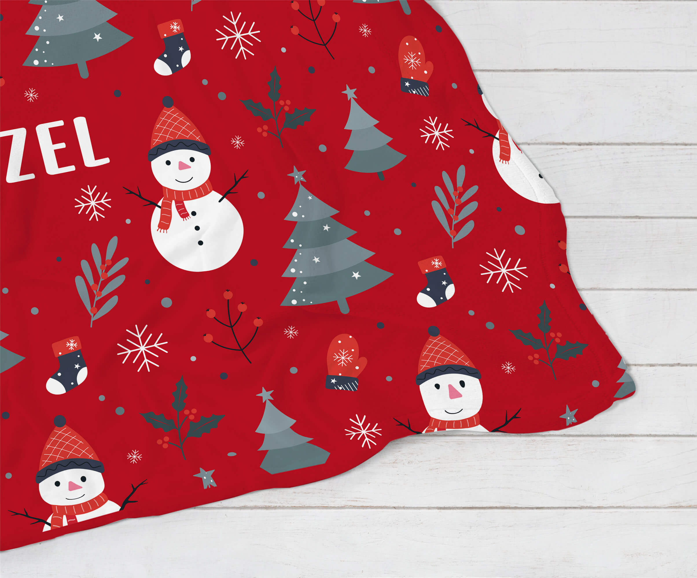 Personalized Christmas Blanket - Happy Snowmen (red)