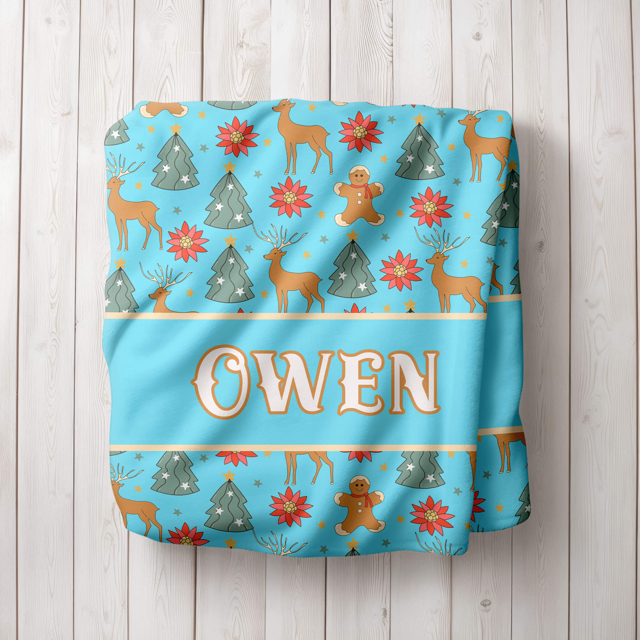 Personalized Christmas Blanket - Reindeer and Gingerbread (blue)