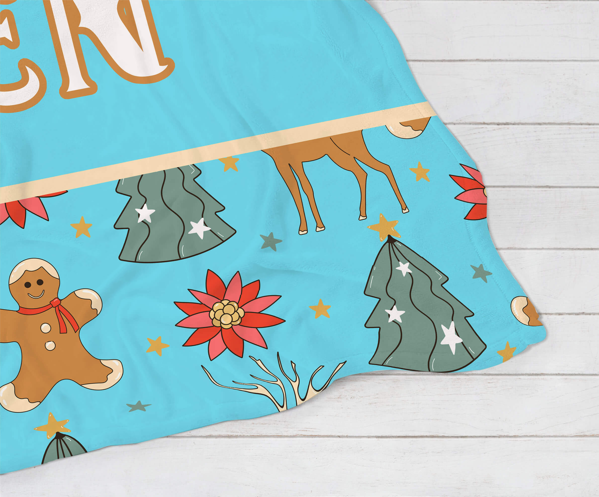 Personalized Christmas Blanket - Reindeer and Gingerbread (blue)