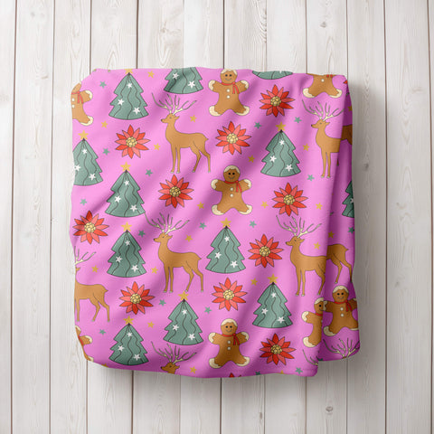 Christmas Blanket - Reindeer and Gingerbread - Pink