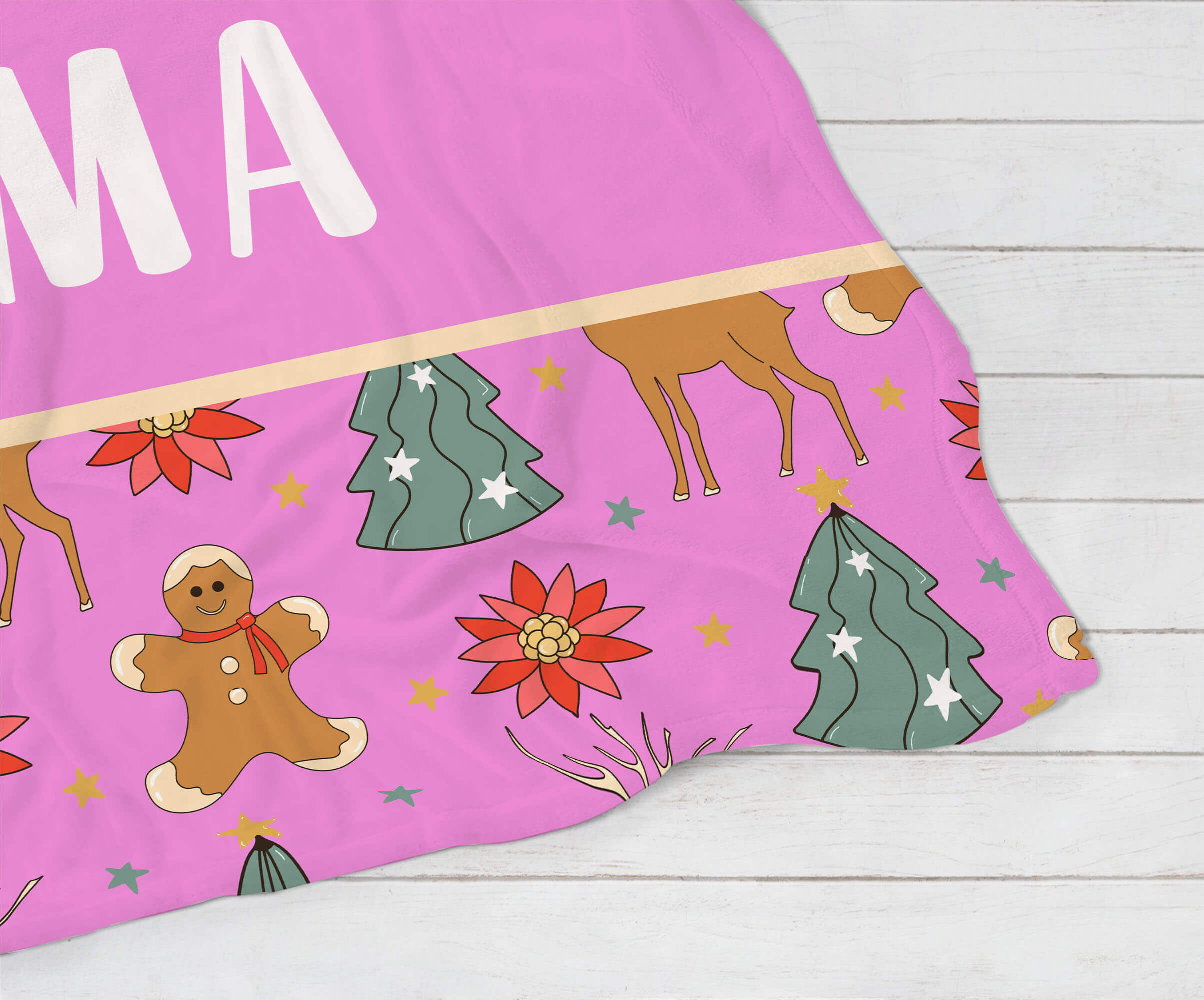 Personalized Christmas Blanket - Reindeer and Gingerbread (pink)