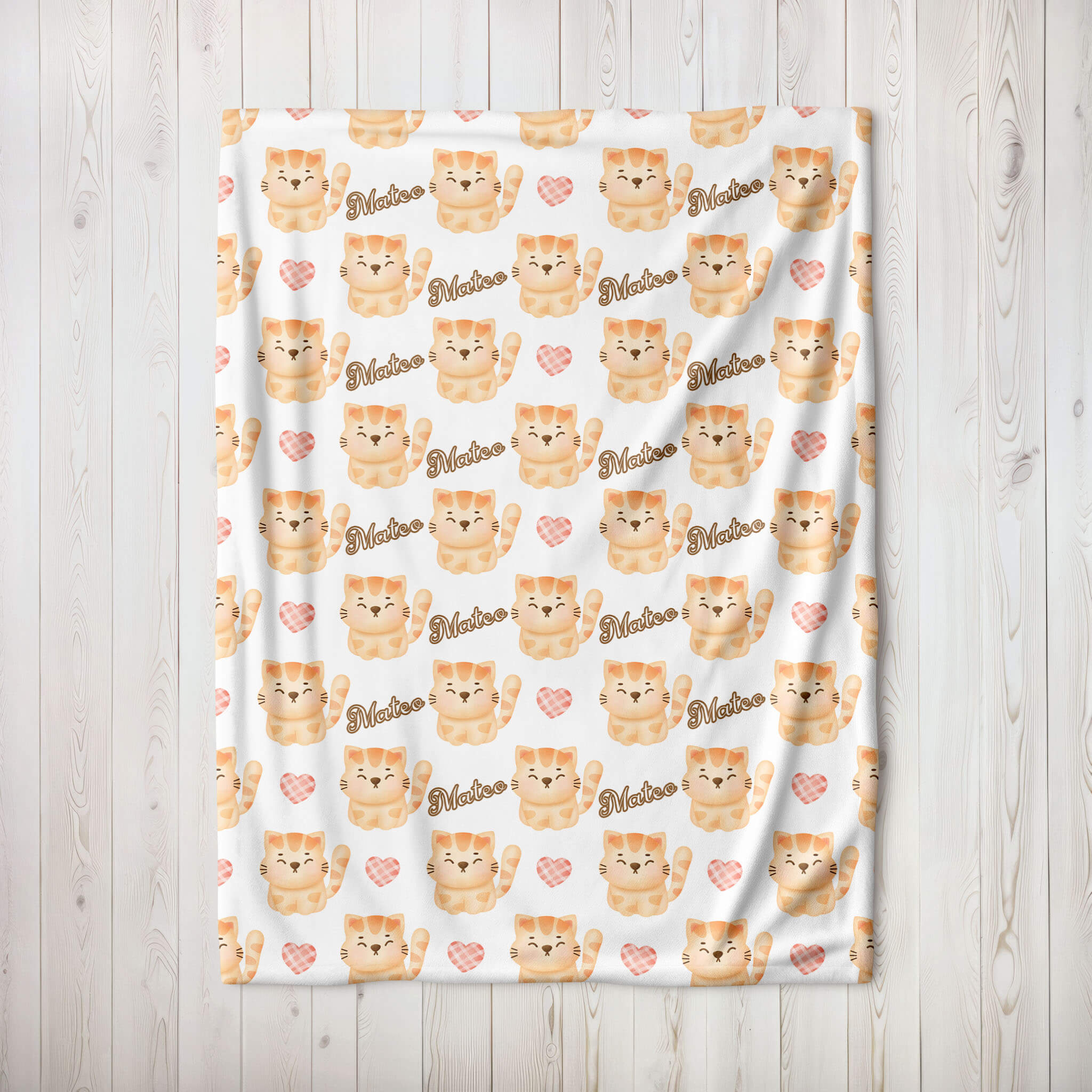 Personalized Name Blanket - Ginger Kitten and Hearts