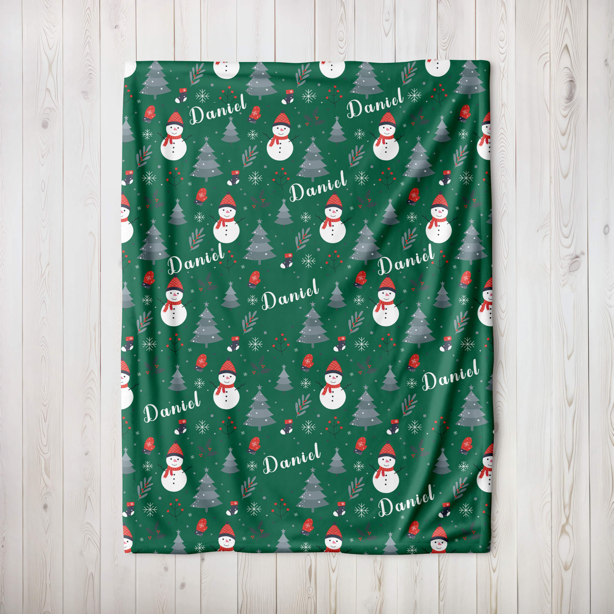 Personalized Christmas Blanket - Happy Snowmen (green)