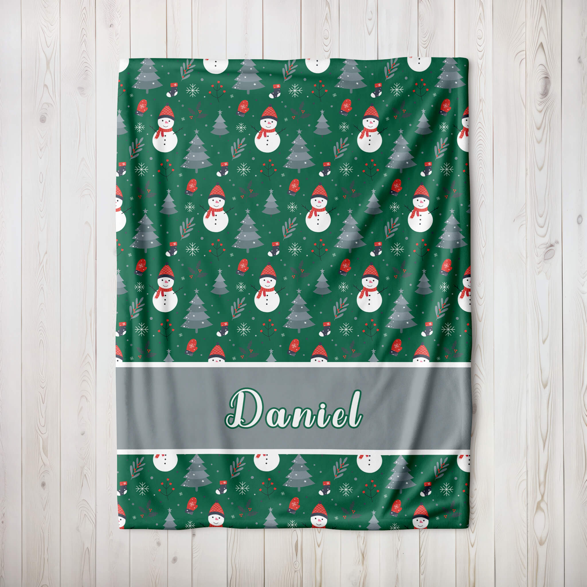 Personalized Christmas Blanket - Happy Snowmen (green)