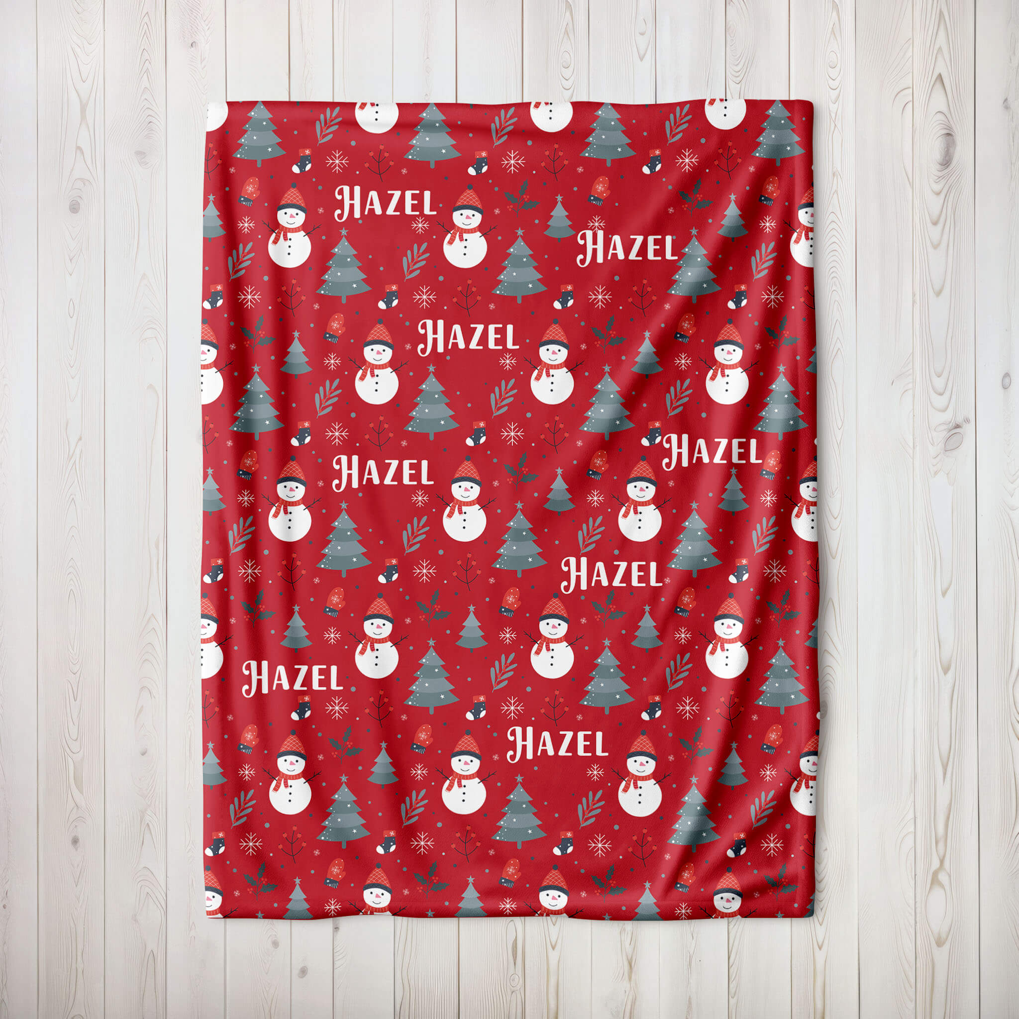 Personalized Christmas Blanket - Happy Snowmen (red)