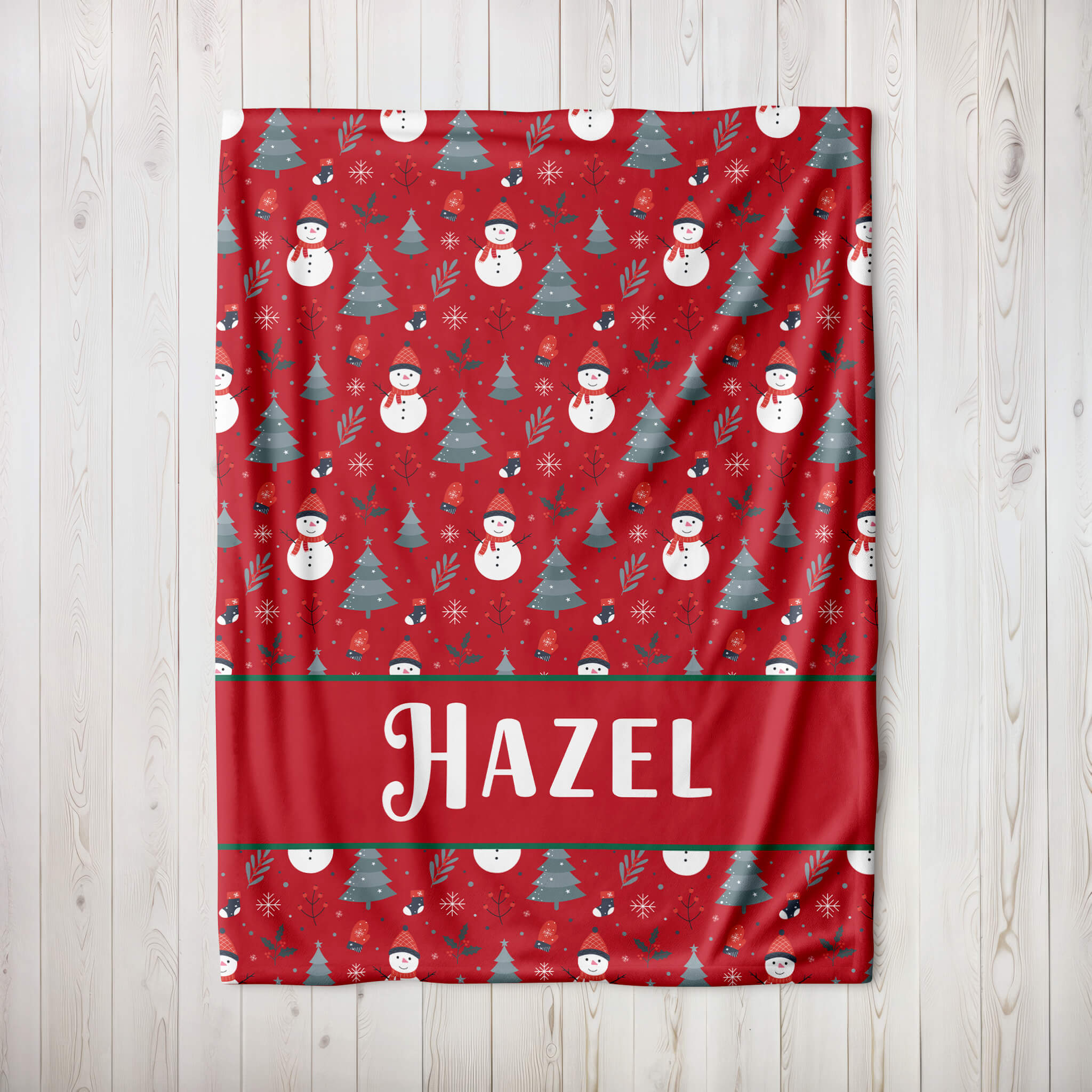 Personalized Christmas Blanket - Happy Snowmen (red)