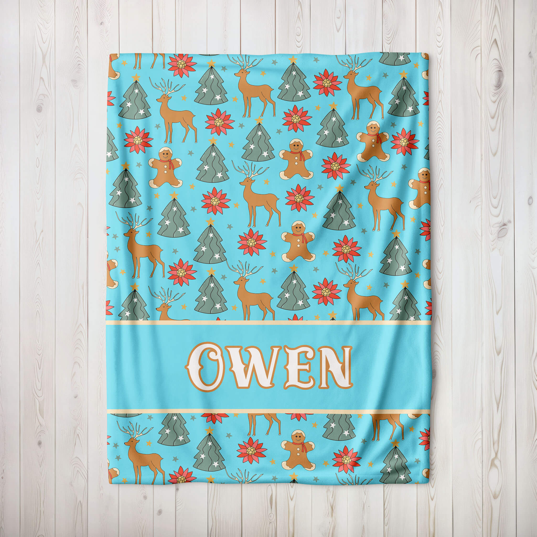 Personalized Christmas Blanket - Reindeer and Gingerbread (blue)