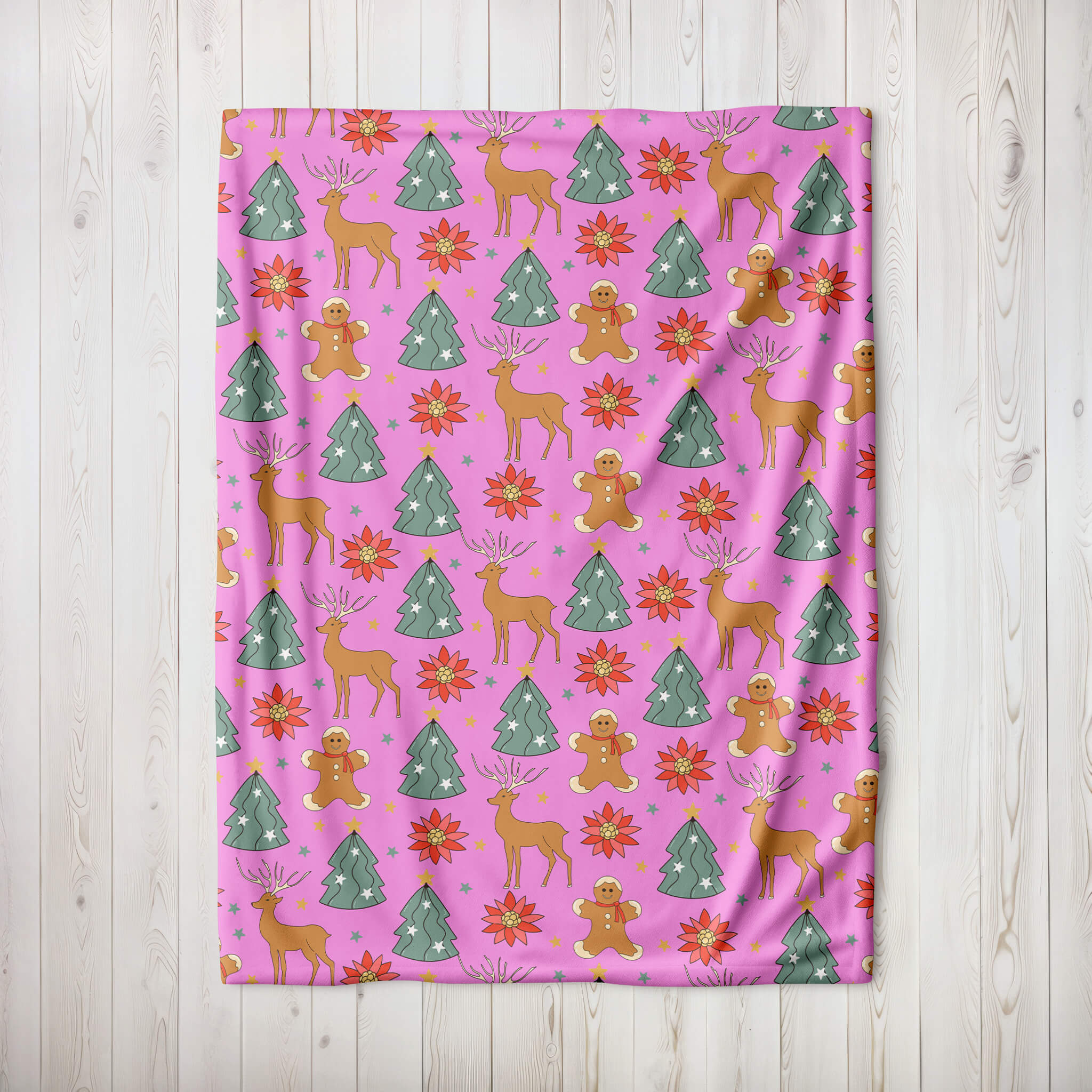 Christmas Blanket - Reindeer and Gingerbread - Pink