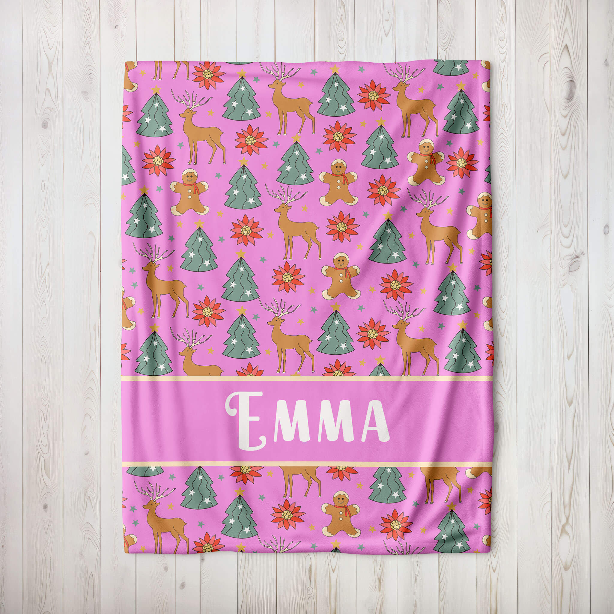 Personalized Christmas Blanket - Reindeer and Gingerbread (pink)