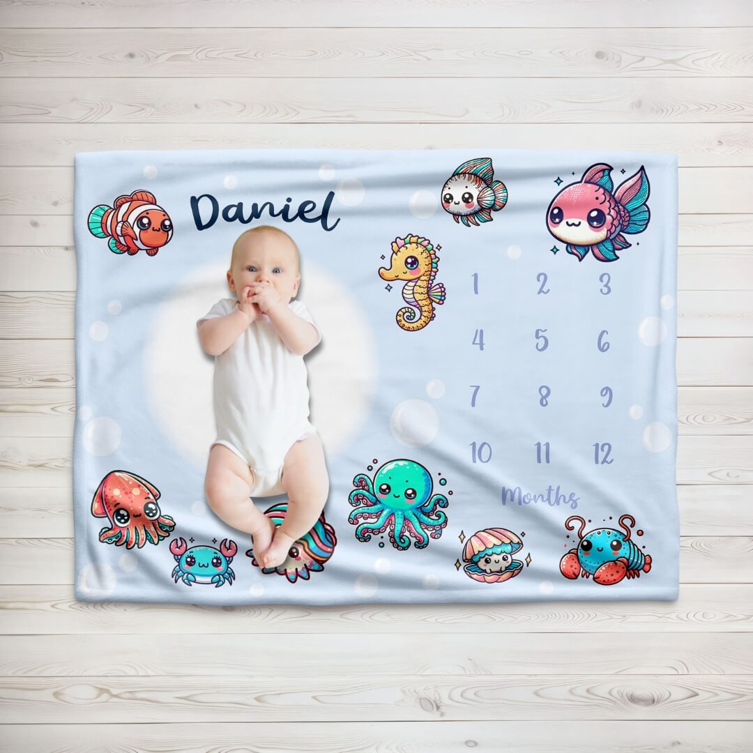 Baby Milestone Blanket With Name | Deep Ocean