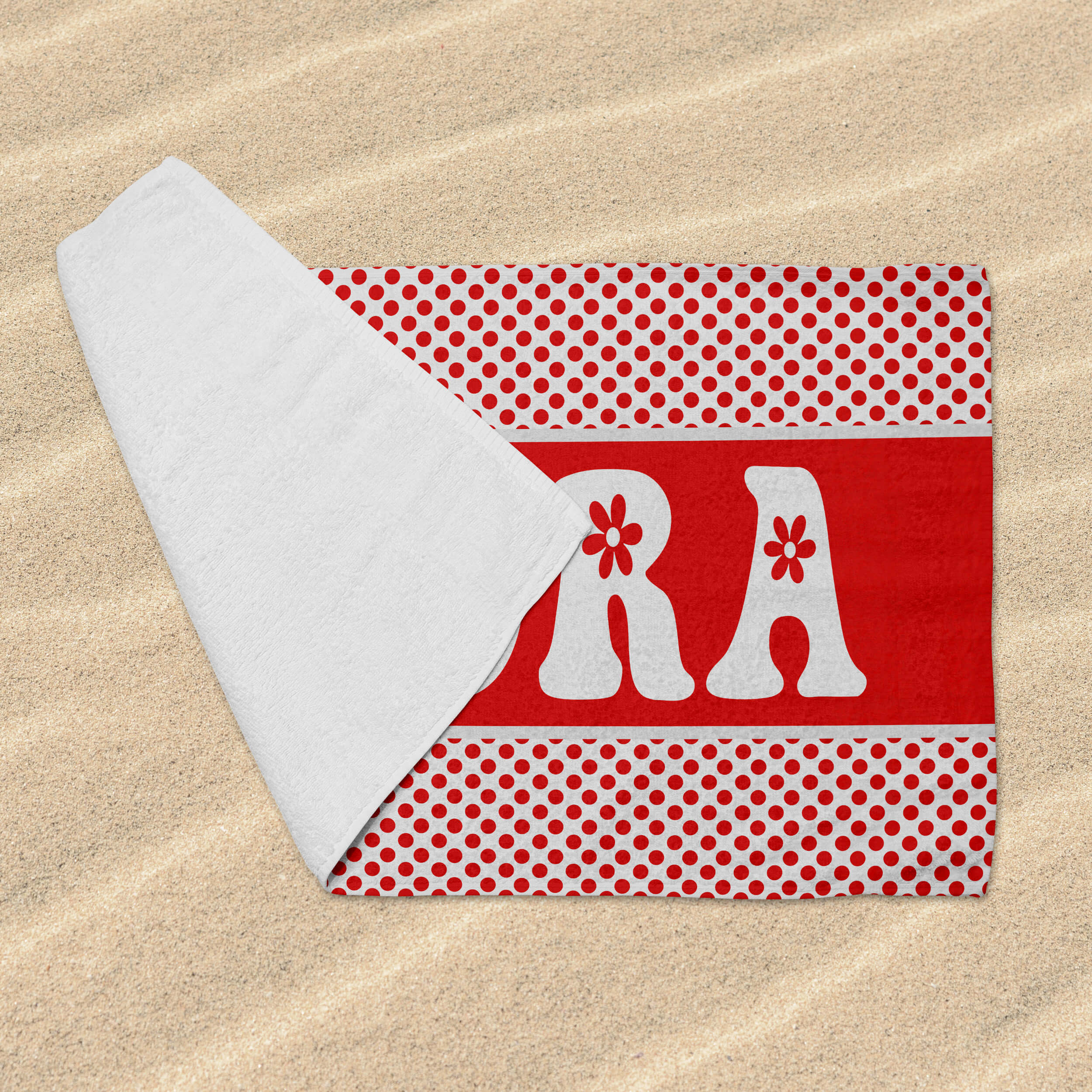 Personalized Beach Towel - Red Polka Dots