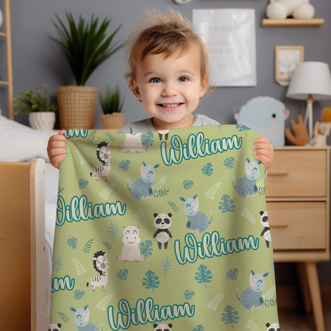 Personalized Baby Blanket - Hippo, Zebra and Rhino